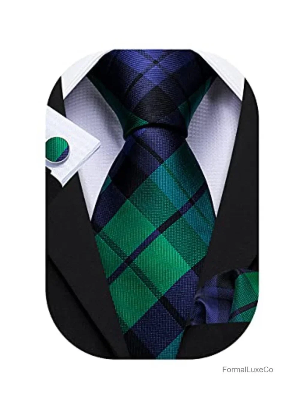 Luxury Silk Tie Set with Handkerchief & Stainless Steel Cuff Links, Plaid